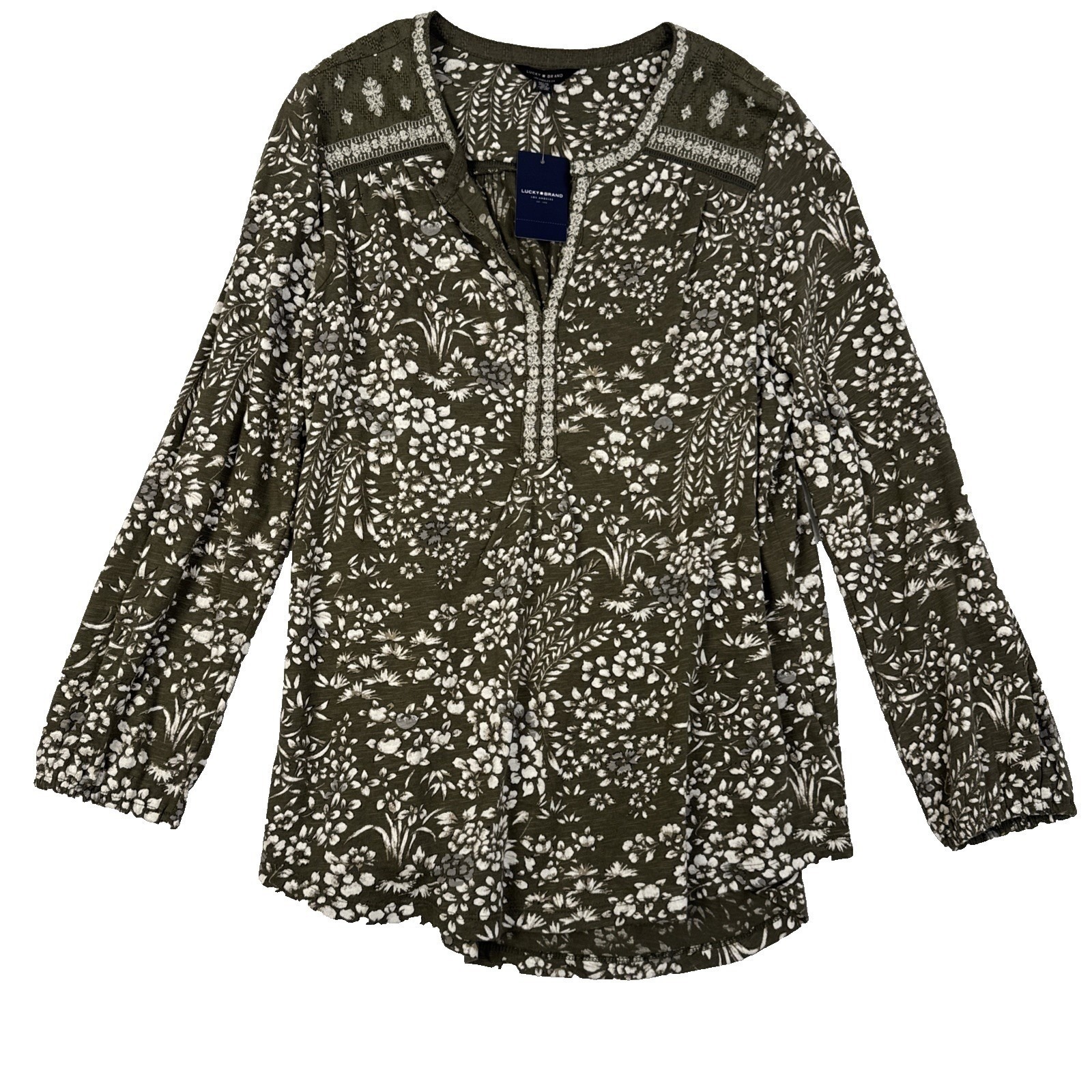 Nwt Lucky Brand Floral Split Neck Top Women 1x Green Boho Embroidered 7qp6134